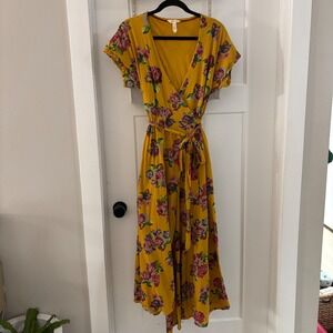 Matilda Jane Wrap Dress Yellow Floral Short Sleeve Midi Tie Waist Pockets Small